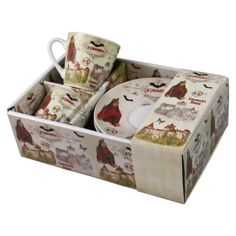 Set 2 cesti cafea cu farfurioare din ceramica, suvenir gift shop, 70 ml castelul bran